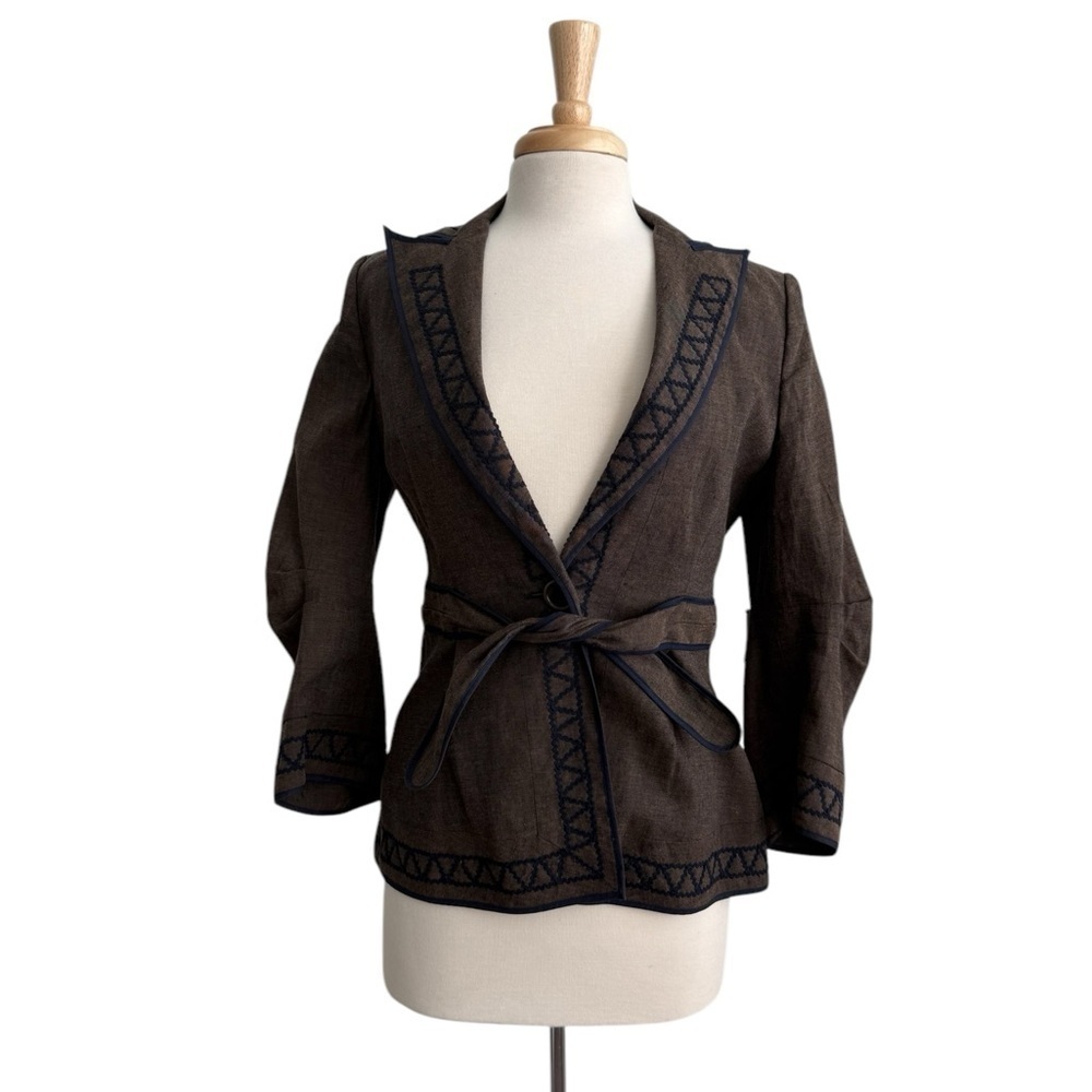 BCBGMAXAZRIA Brown Tailored Linen Blazer with Notched Lapel and Tie Belt Size M